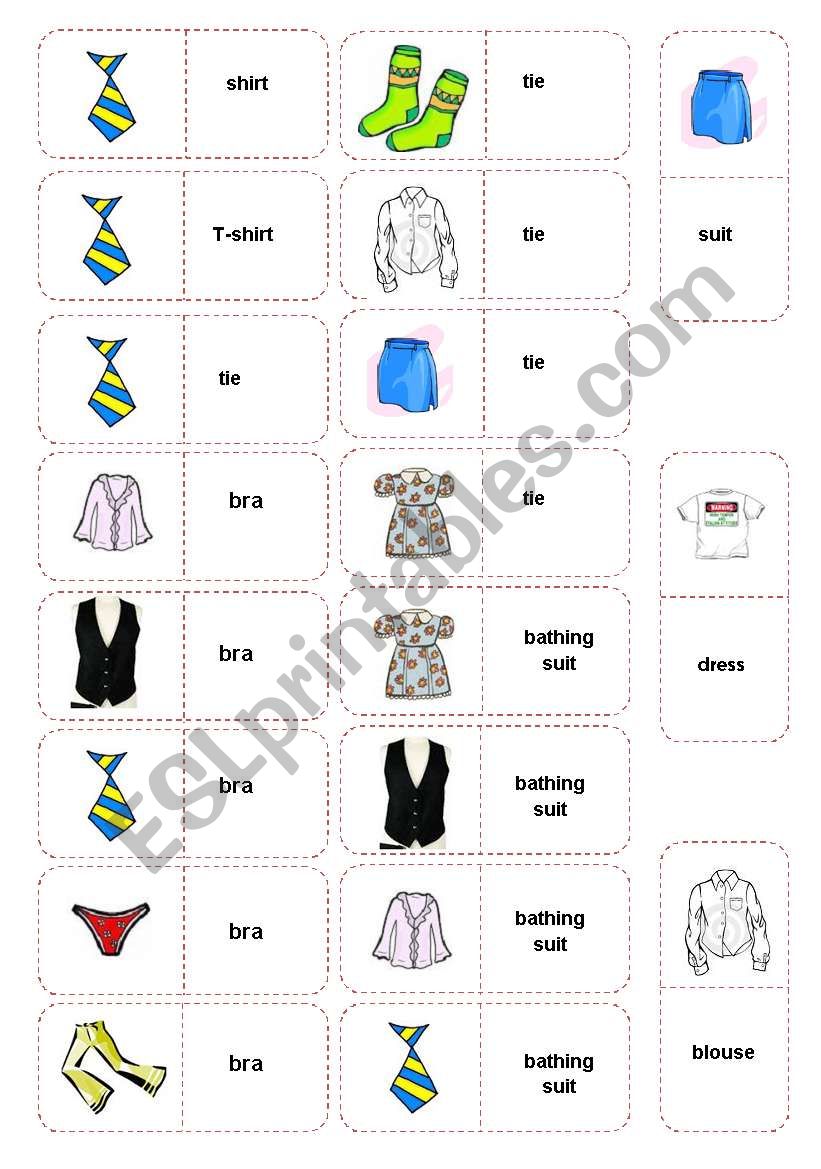 Chothes dominoes - 5 pages - 102 dominoes - 13 pieces of clothing (fully editable)