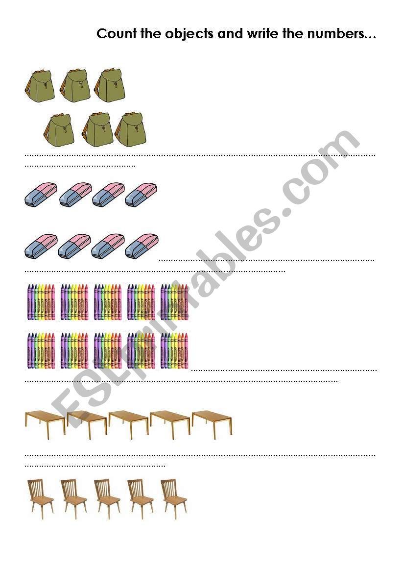 numbers and school objects worksheet