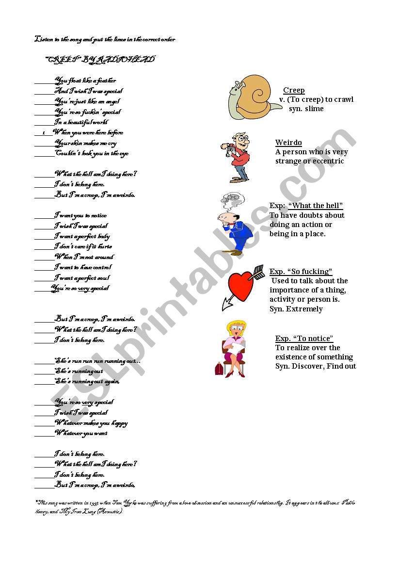 songsheet- creep by radiohead worksheet