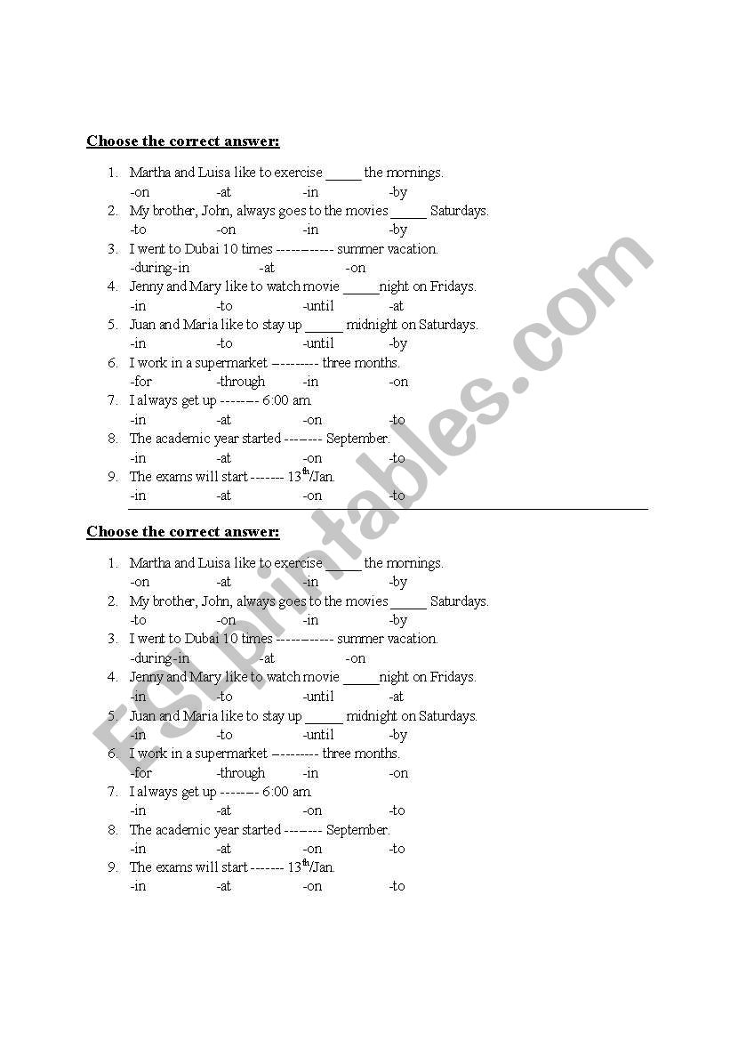 Time prepositions . prepositions of time