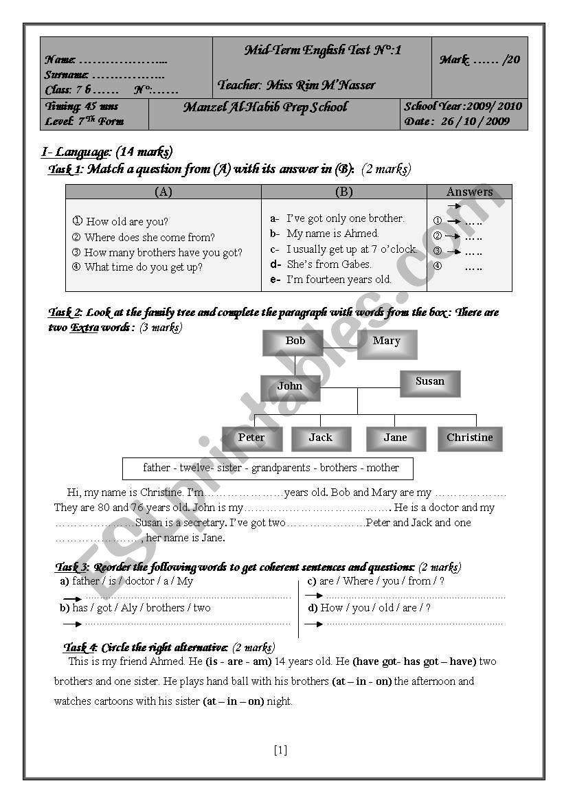 7 Th Form Mid-Term Test (Term 1)