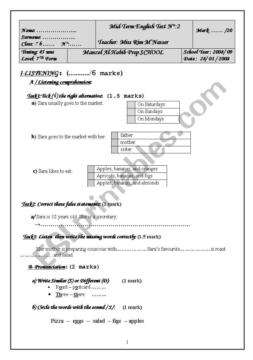 Mid-Term English Test (7 Th Form / Term 2)