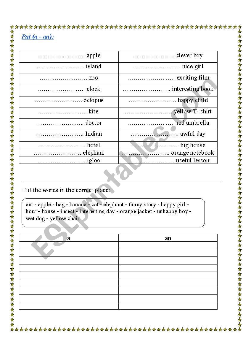 put a or an worksheet
