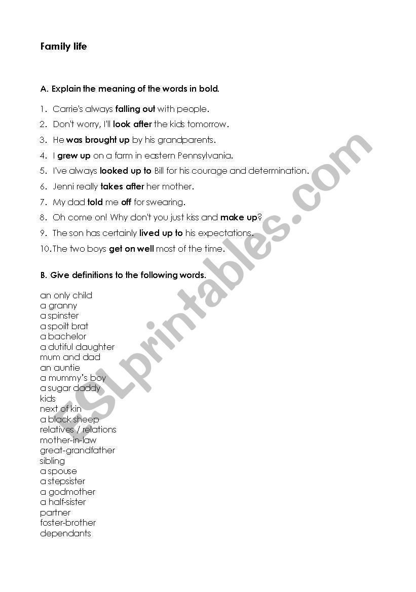 Family Life worksheet