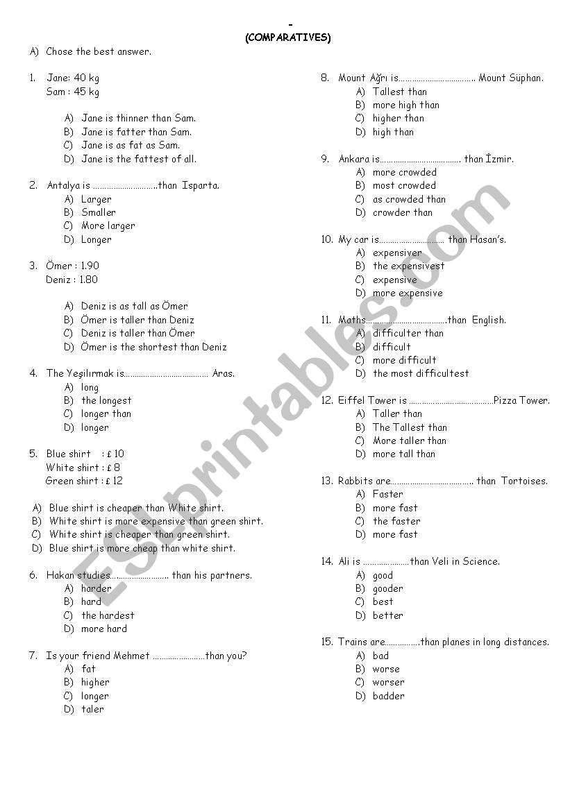 TEST ON COMPARATÝVES worksheet