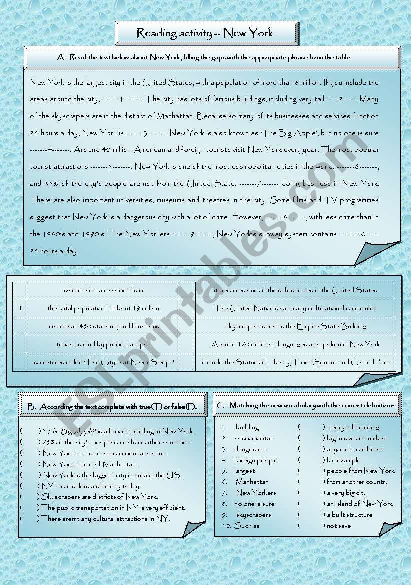 New York New York worksheet