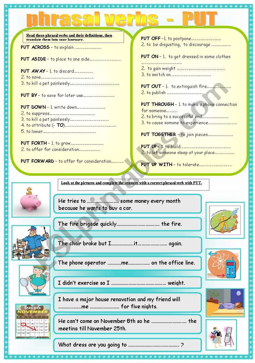 phrasal verb - PUT worksheet