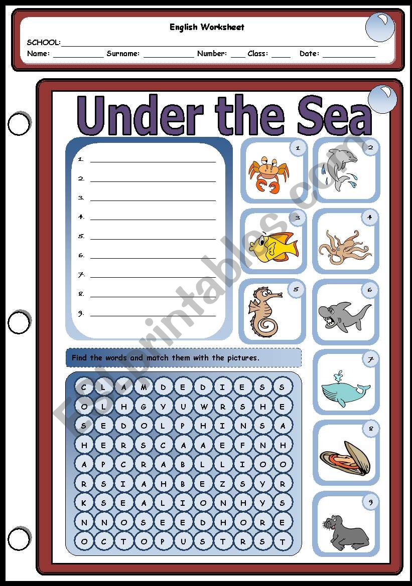 Under The Sea - Word Search worksheet