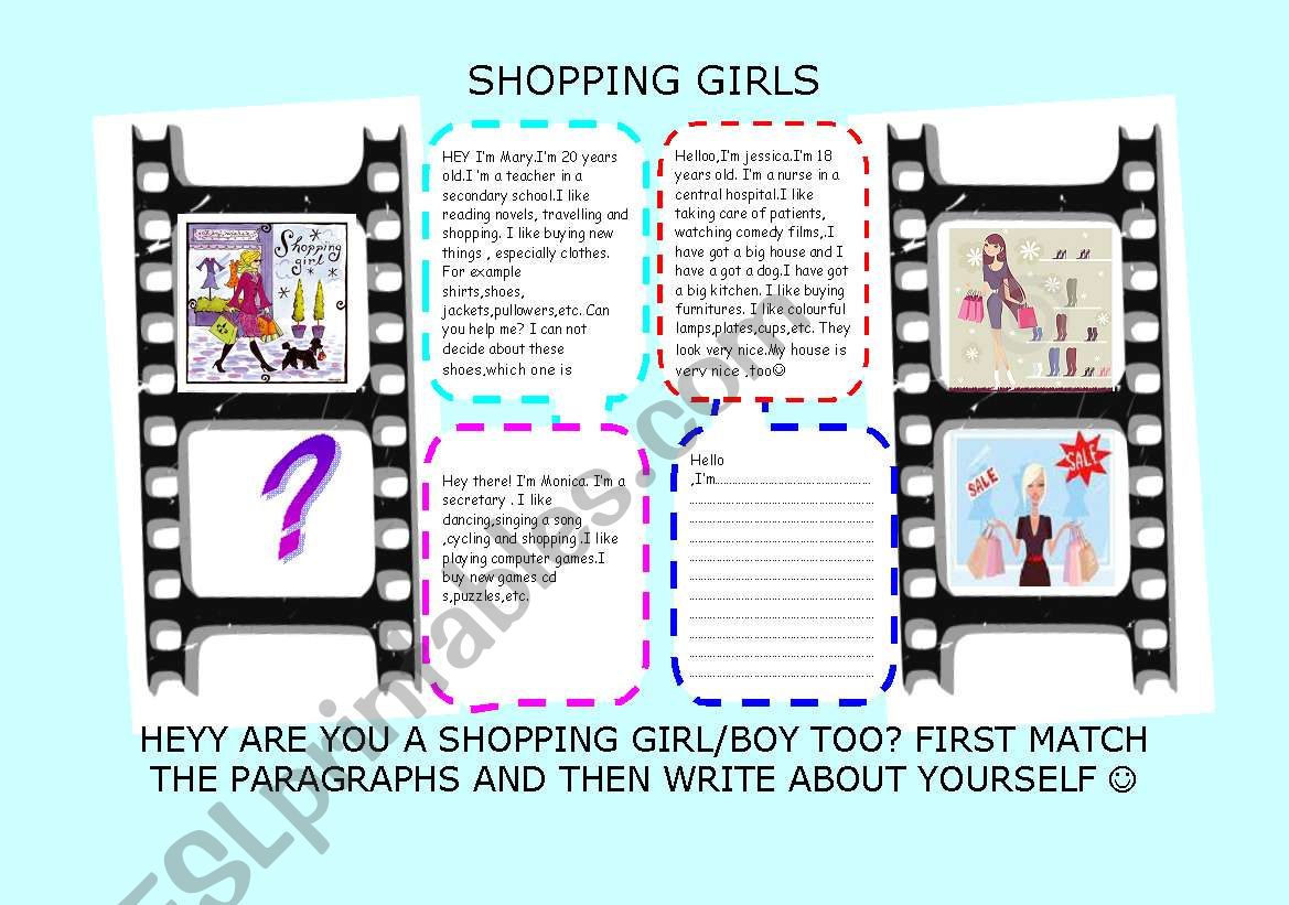 SHOPPING GIRLS-LIKES DISLIKES worksheet