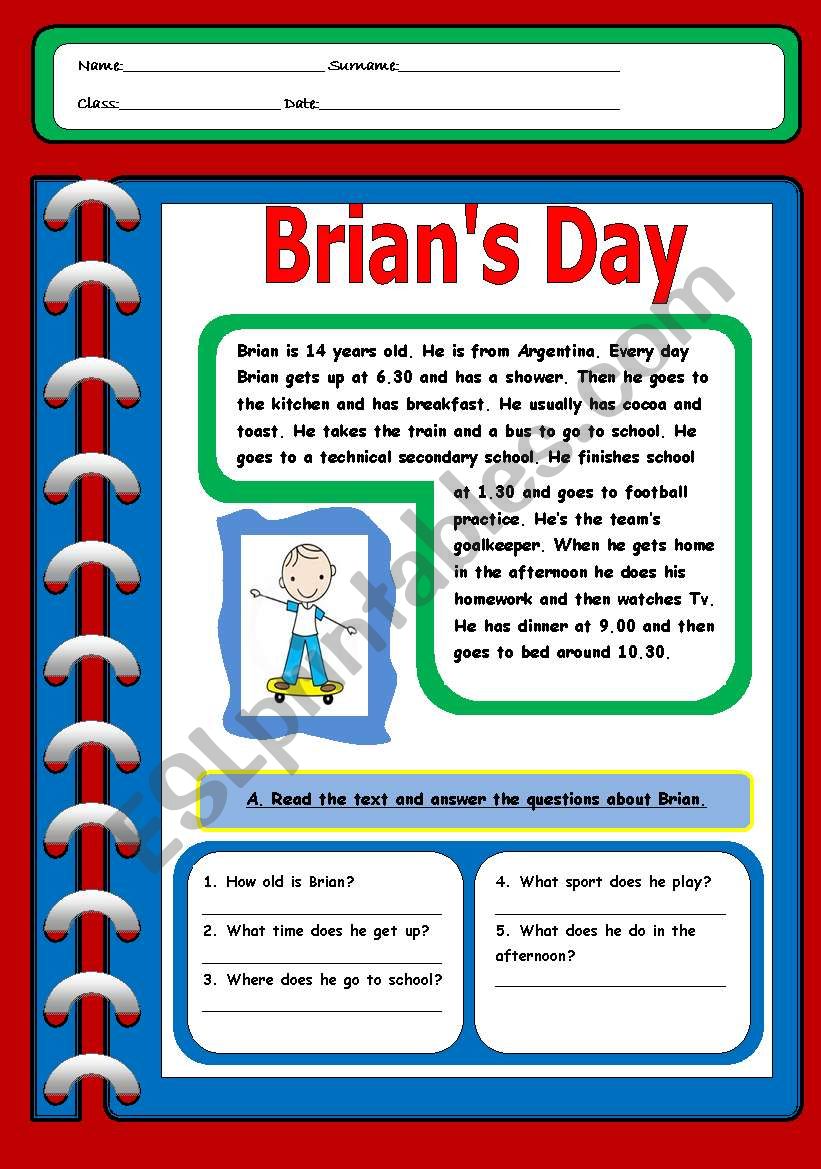 BrianÂ´s Day worksheet