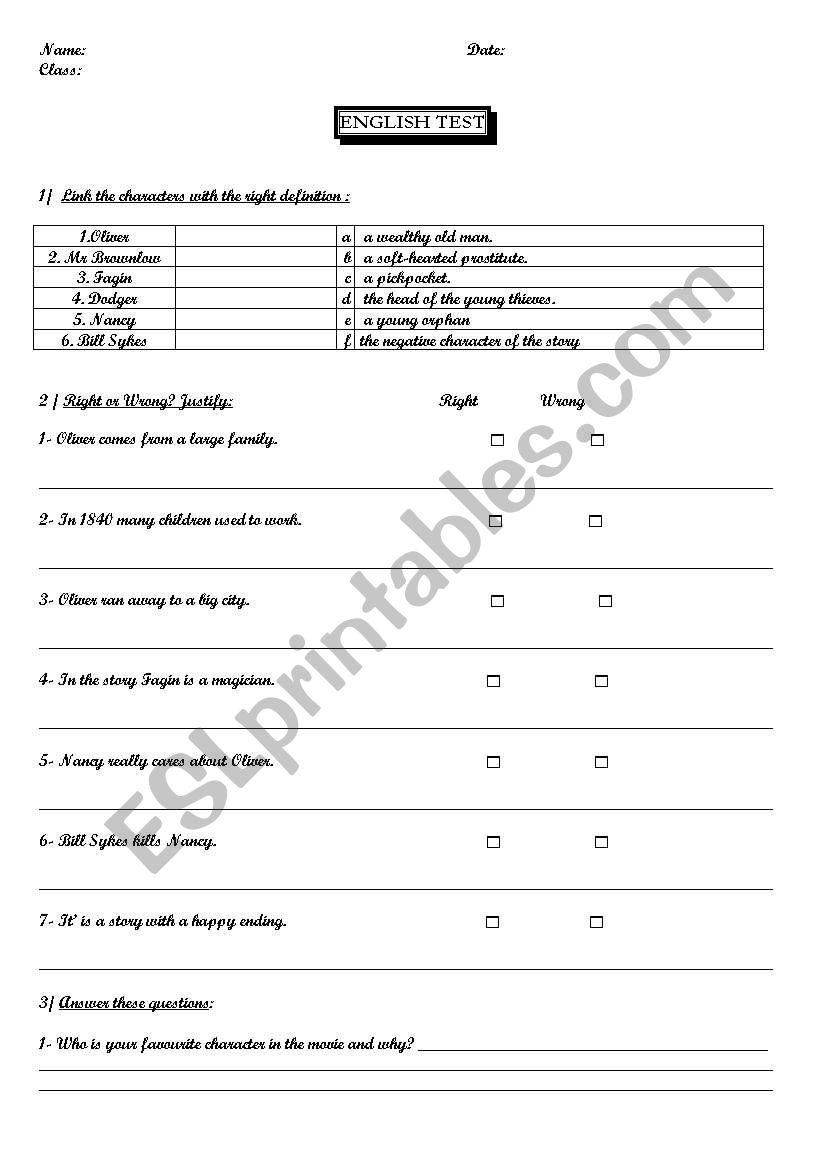 Oliver Twist  worksheet