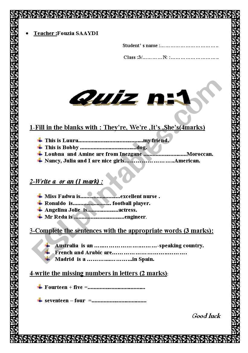 a quiz  worksheet