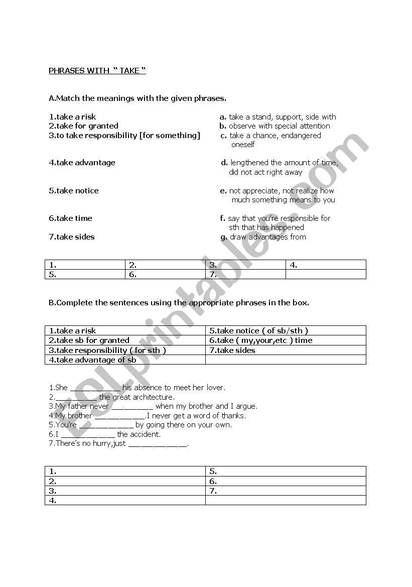 phrases with  take worksheet