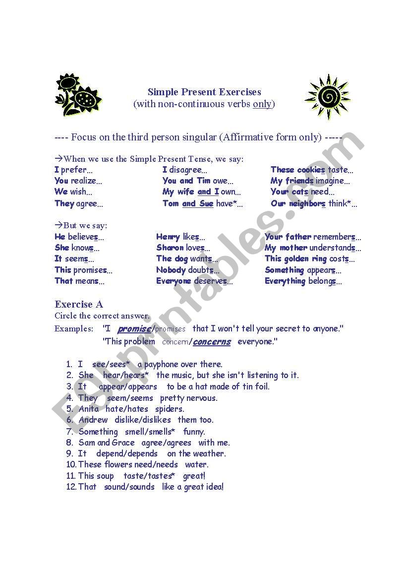 Exercises on Simple Present with Non-Continuous Verbs Only