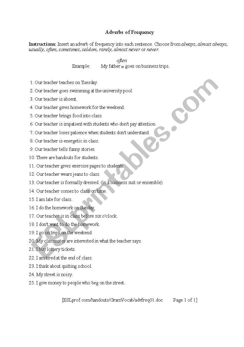 Frequency Adverbs worksheet