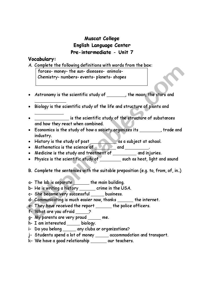 vocabulary on subjects and use of prepositions
