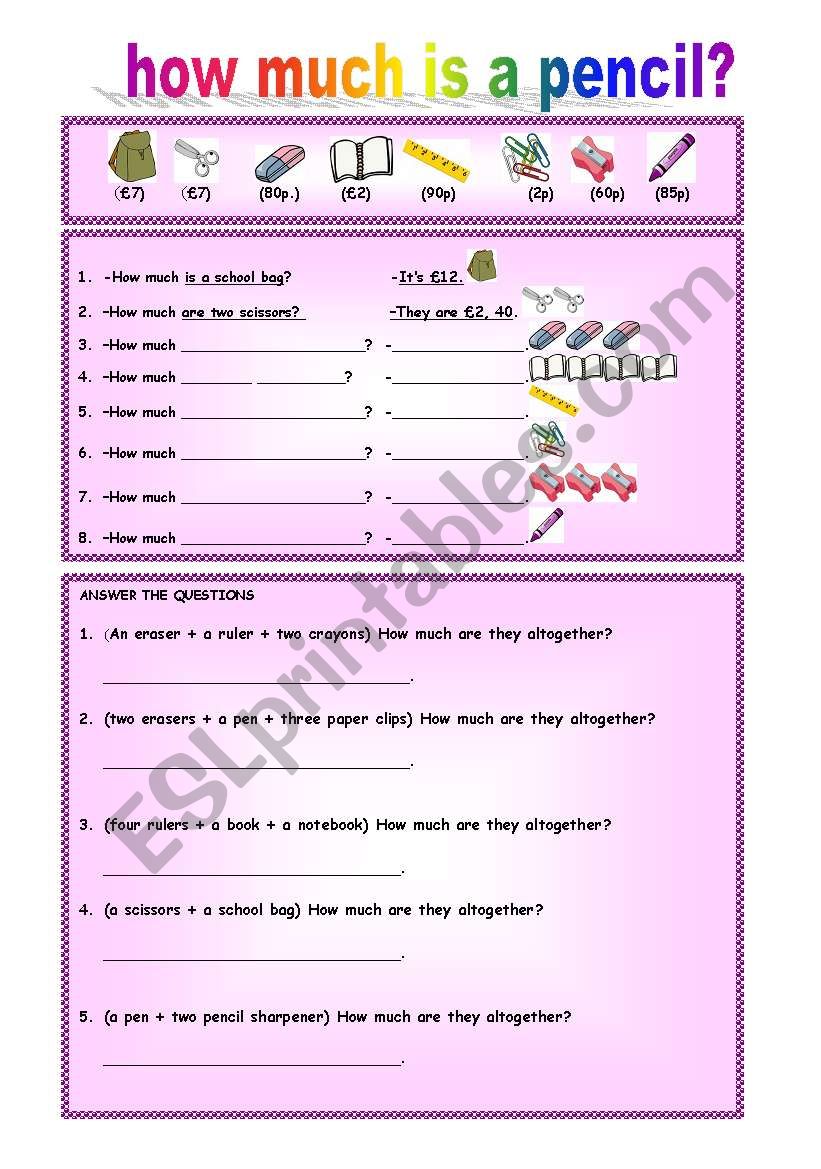 how much is a pencil? worksheet