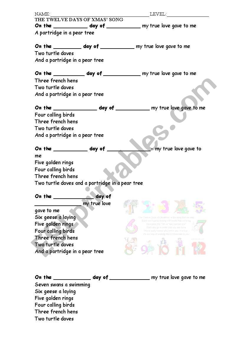 The twelve days of Christmas worksheet