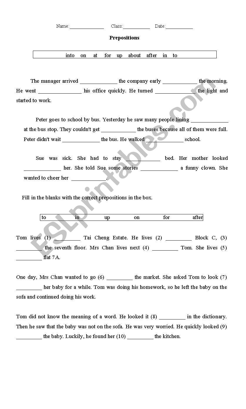 Preposition worksheet