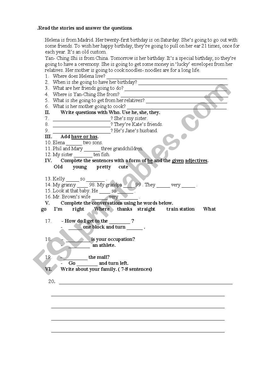 Reading,Writing,Vocabulary and Grammar worksheet