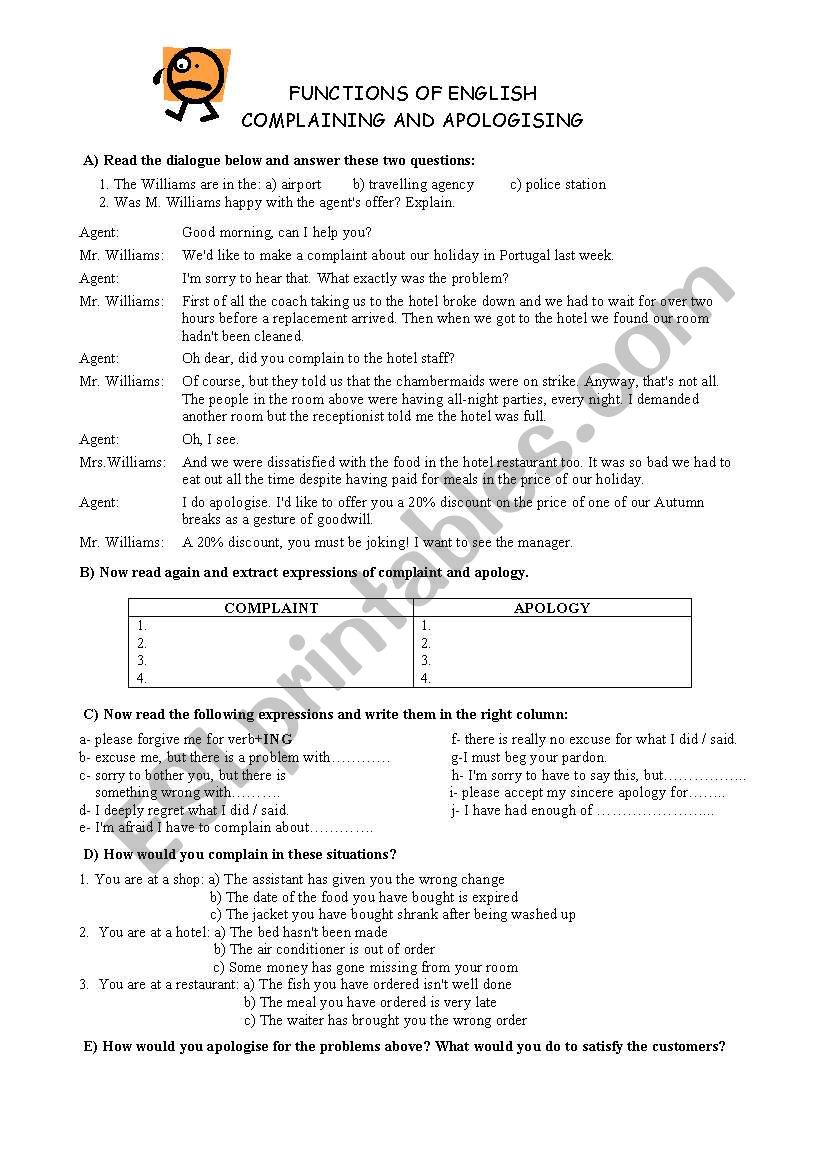 COMPLAINT AND APOLOGY worksheet