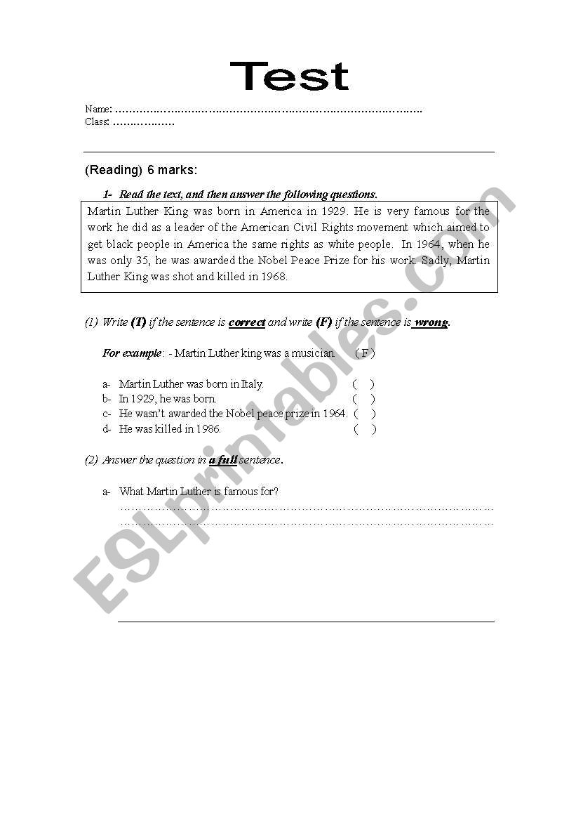 reading test worksheet