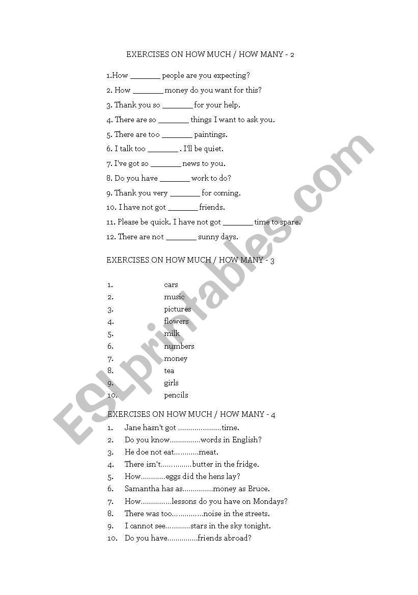 How much How many worksheet