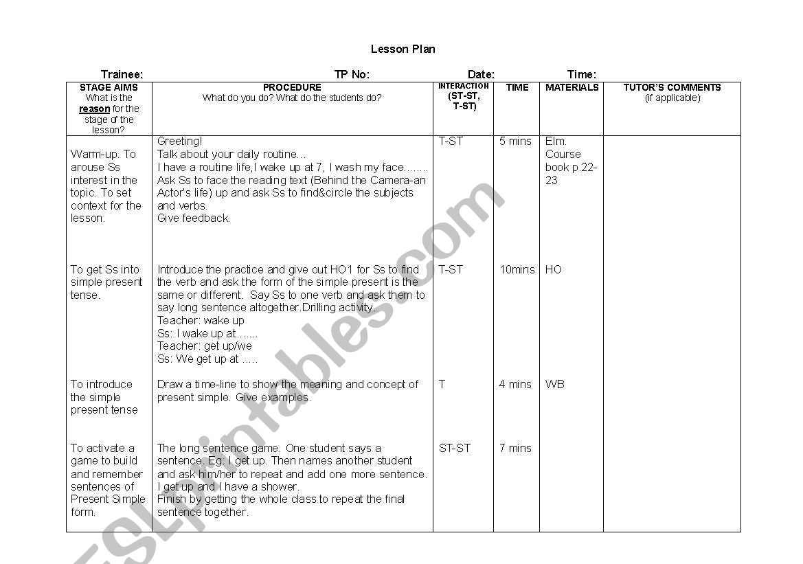 a sample lesson plan worksheet