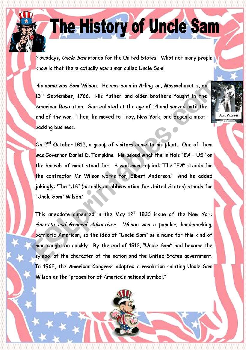 The History of Uncle Sam - 2 pages + key