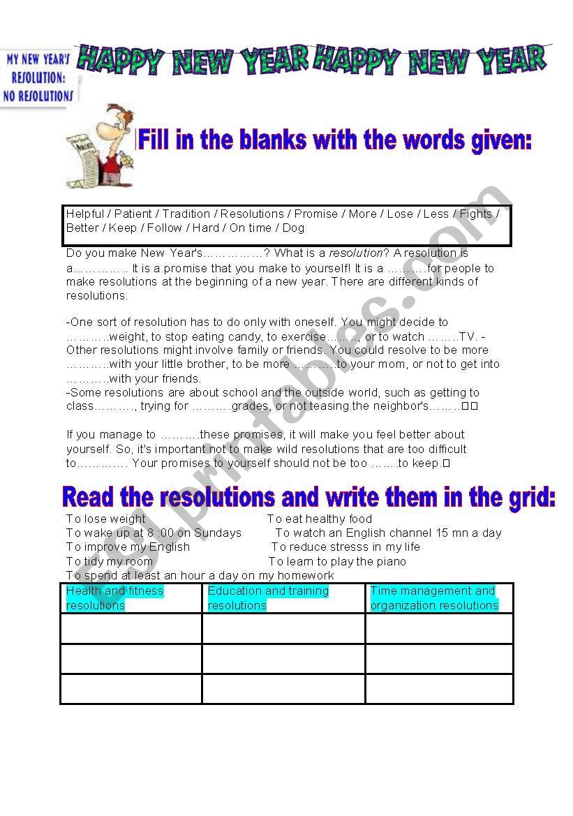 New years resolutions worksheet