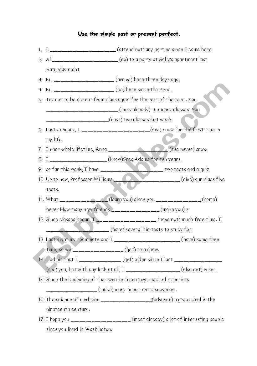 GARMMAR WORKSHEET ABOUT PRESENT PERFECT AND SIMPLE PAST