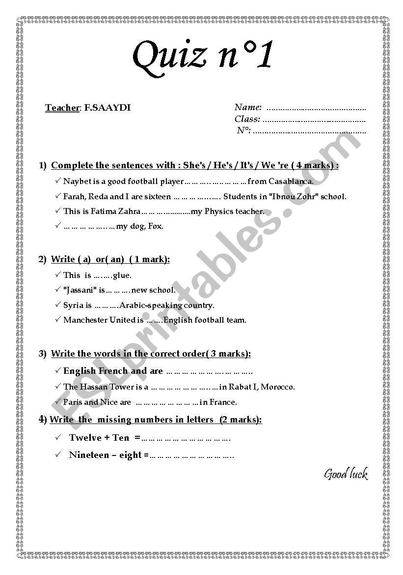 QUIZ worksheet