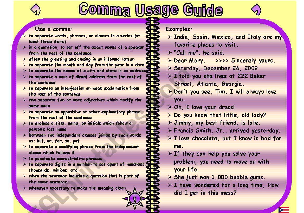 comma usage worksheet