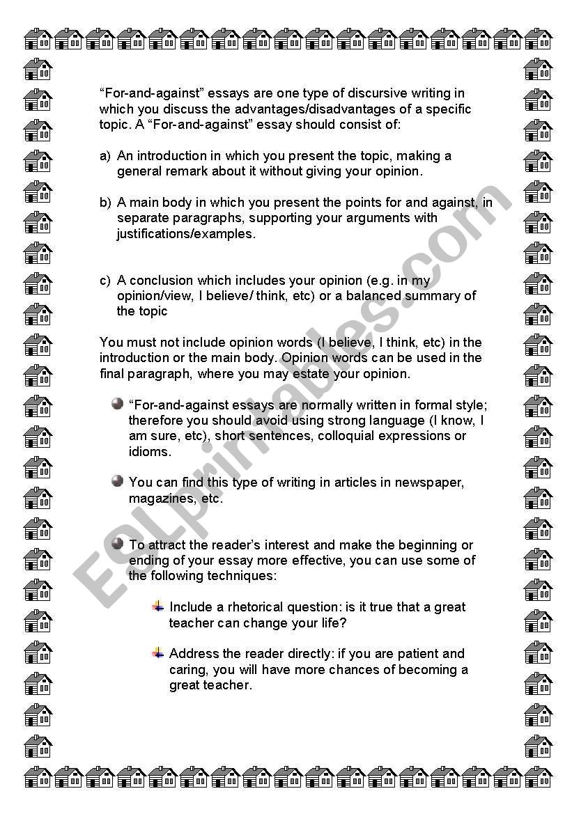for and against essay sharing a house esl worksheet by essay sharing