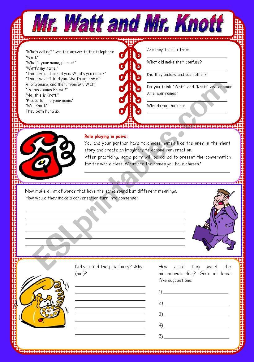 Mr. Watt and Mr. Knott - a funny dialog with comprehension questions (fully editable)