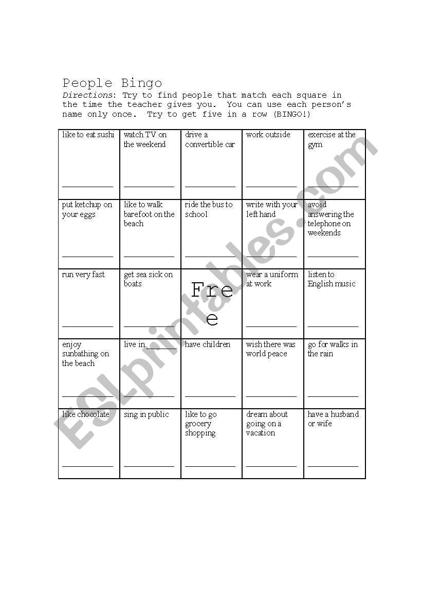 People Bingo worksheet