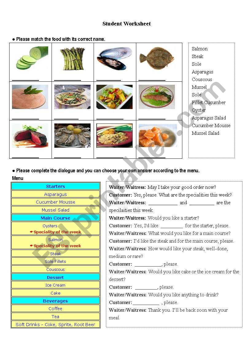 Worksheet for restaurant dialogues