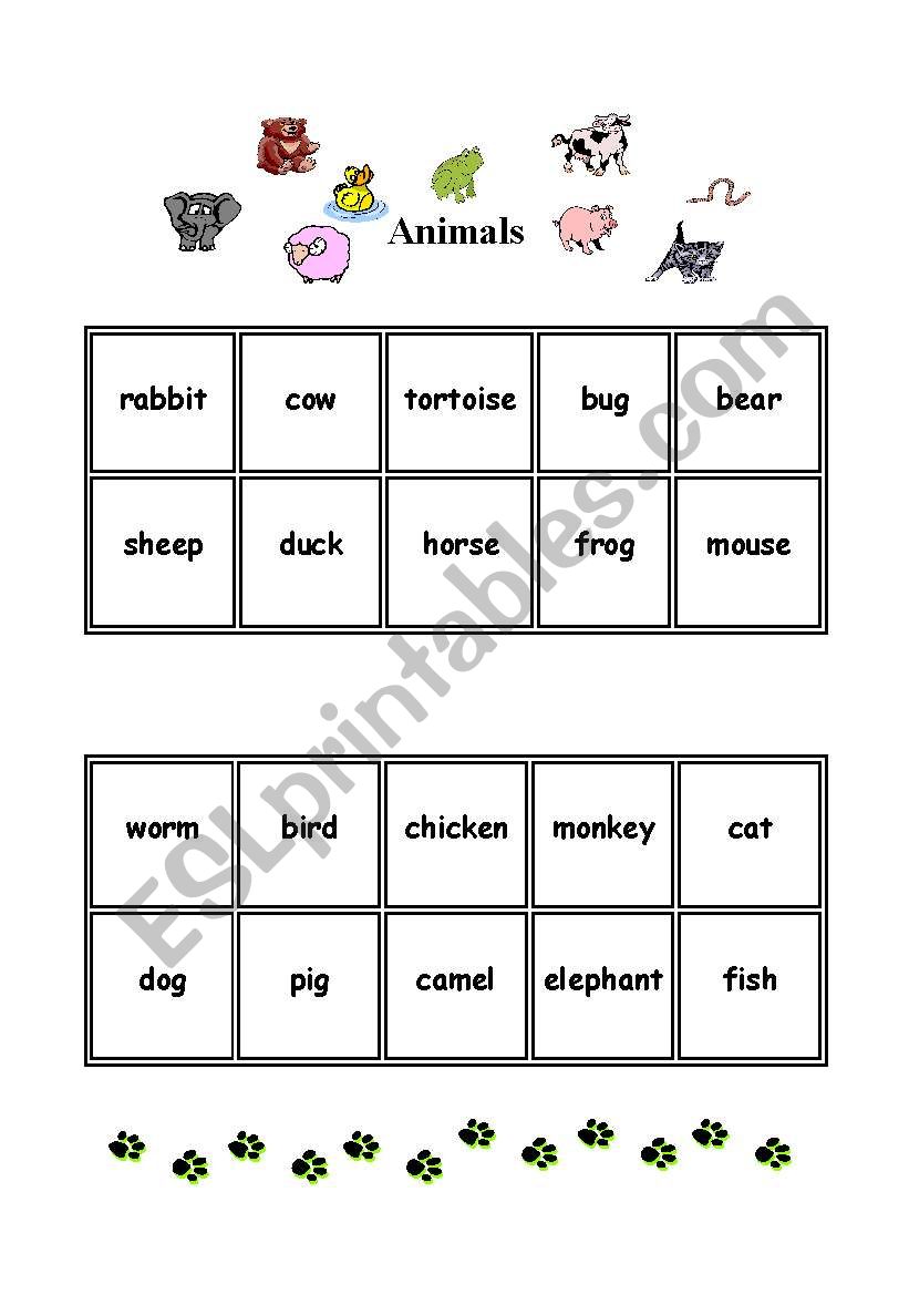 animals bingo activity worksheet