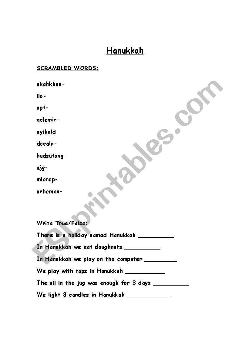 HANUKKAH worksheet