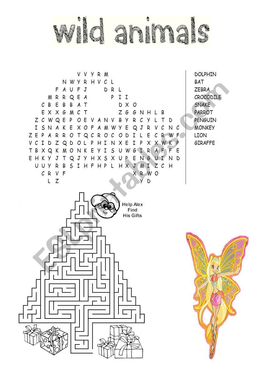 wild animals wordsearch/ christmas maze