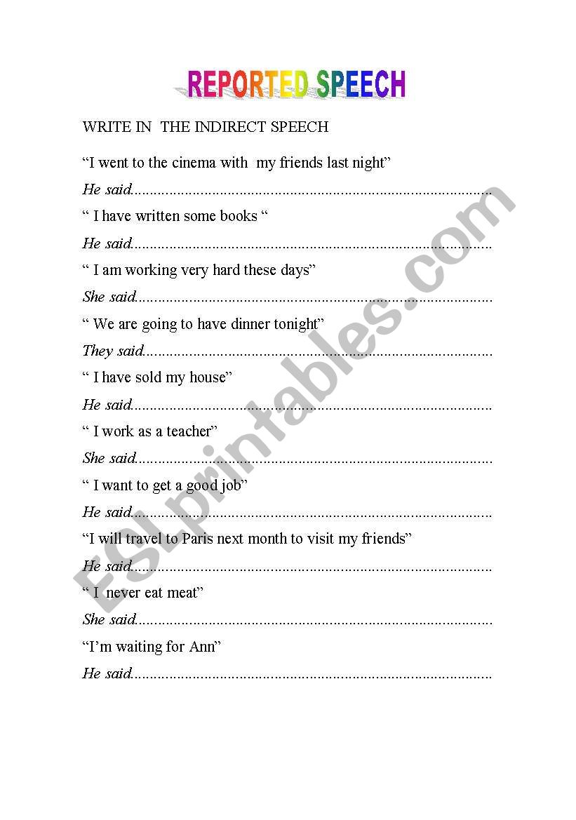 REPORTED SPEECH EXERCISES worksheet