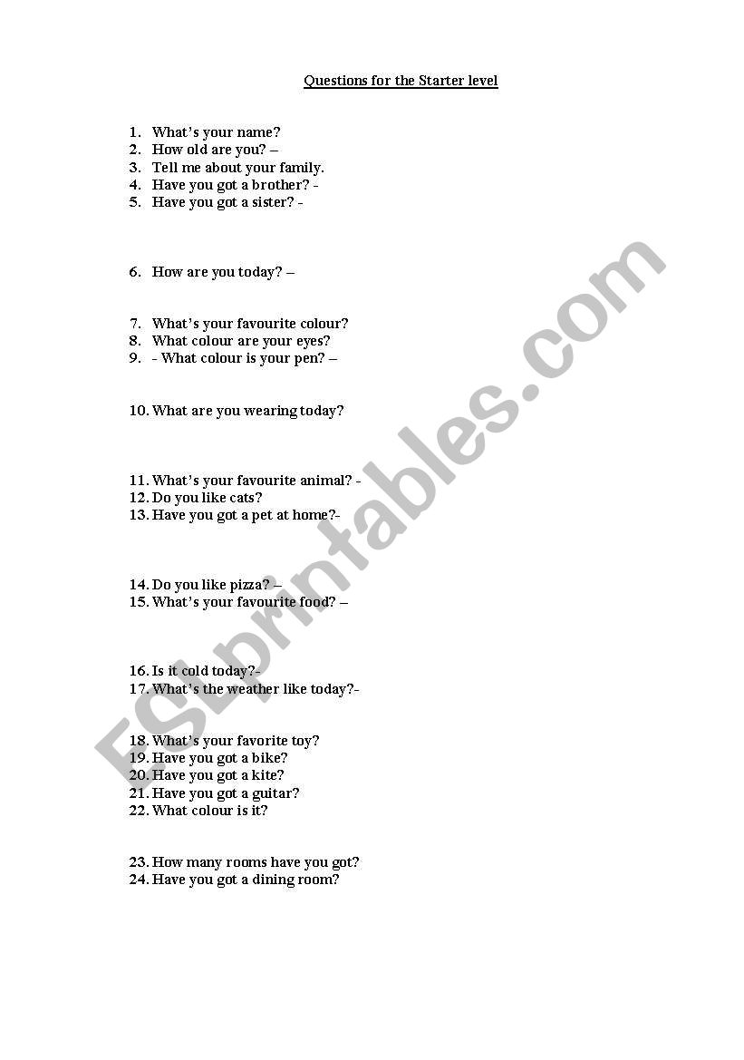 Oral test for starter level worksheet