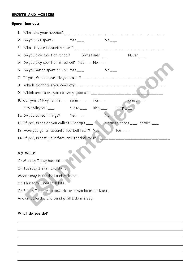 Sports and hobbies worksheet