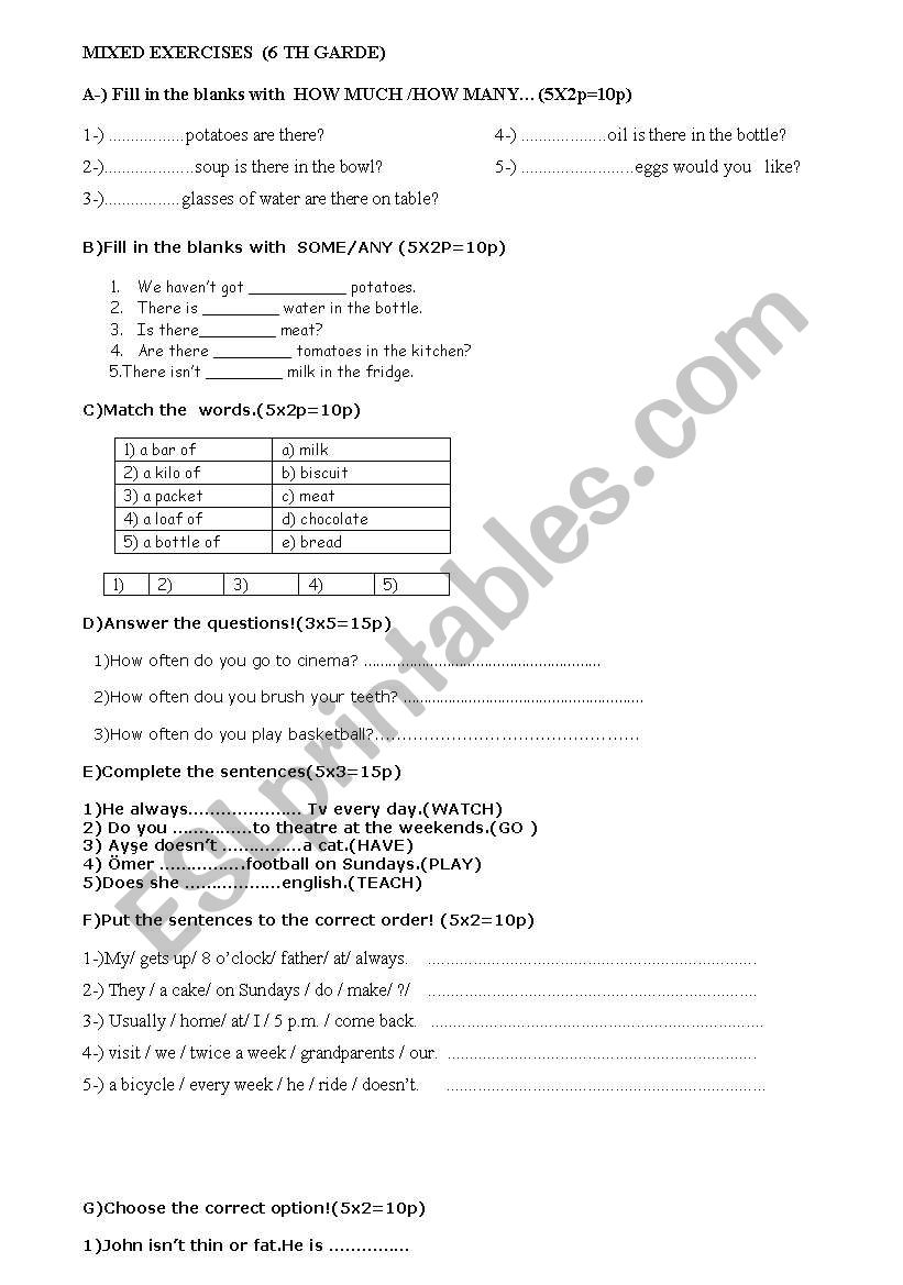 MXED EXERCISES 6 TH GRADE worksheet