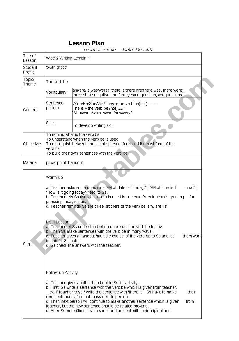 the verb be lesson plan worksheet