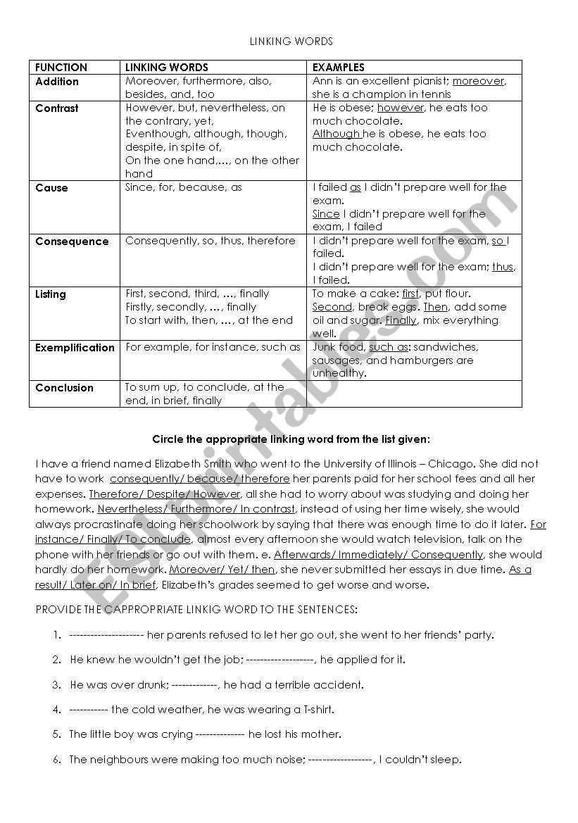 linking words worksheet