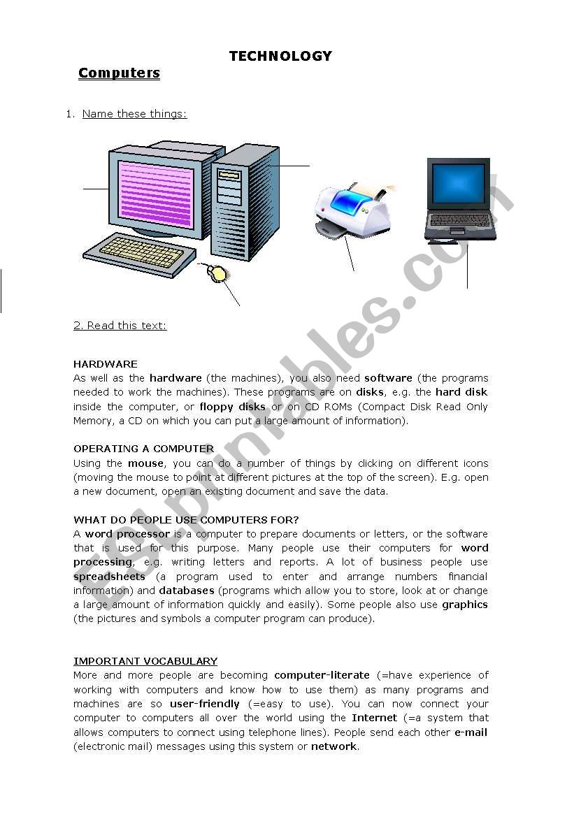 Technology - computers worksheet