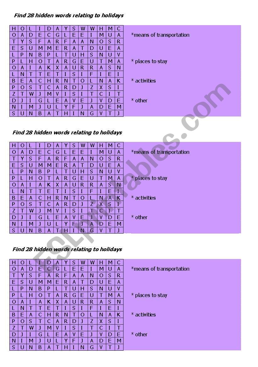 holidays wordsearch worksheet