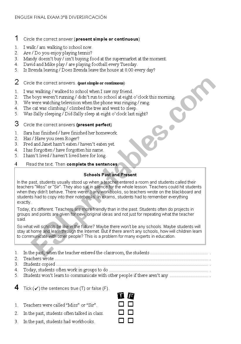 special needs students exam worksheet