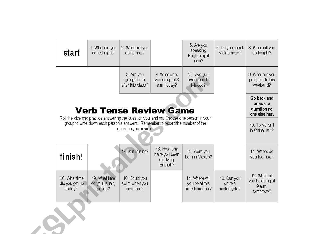 Verb Tense Review Game worksheet